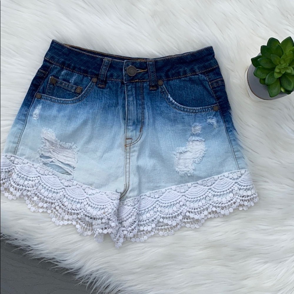 Refuge ombré distressed shorts with lace hem